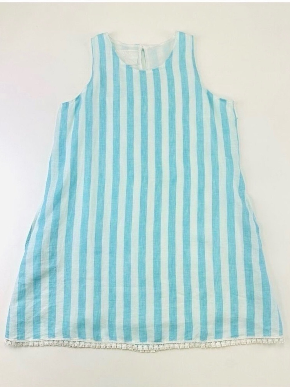 Positamo white blue stripe Aline linen cotton lined sleeveless dress Large
